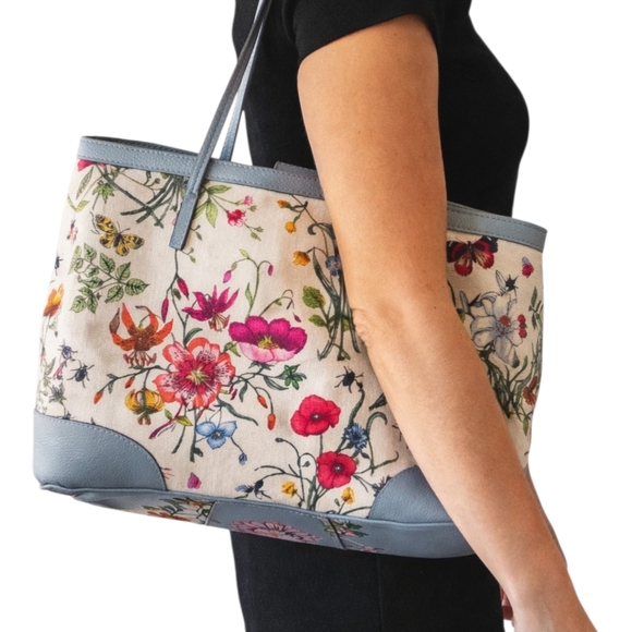 Gucci Handbags - Gucci Floral Canvas Tote Blue Leather Trim Botanical Print Shoulder Bag W/COA